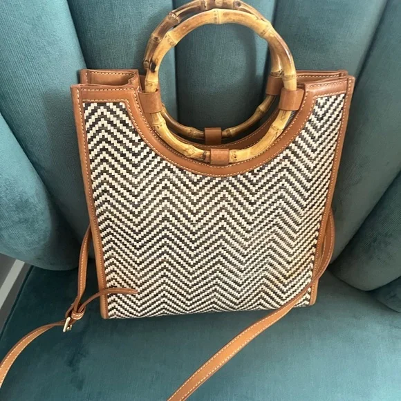 JMcLaughlin Brown and Cream Chevron Tote with Bamboo Handles & Crossbody strap - Picture 1 of 8